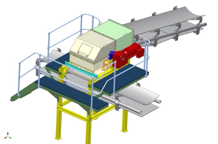 3D model of a conveyor drive pulley with gearmotor, guards and platform