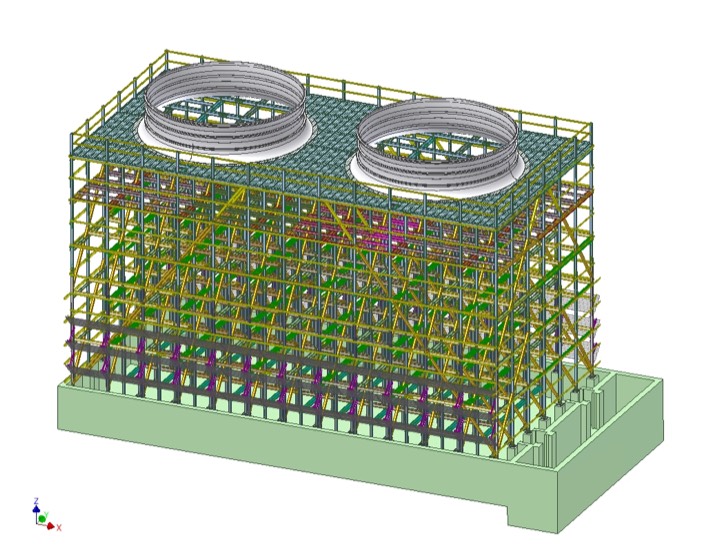 3D model of cooling tower steelwork with two fan cylinders on a concrete basin
