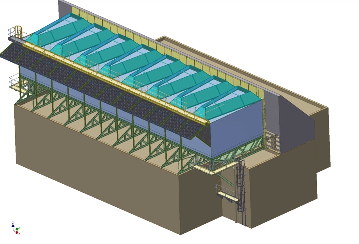 3D model of a bank of heat exchangers on steel supports with walkways