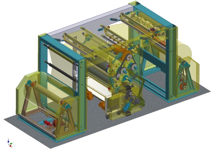 3D model of a laminating machine with unwind and rewind stands