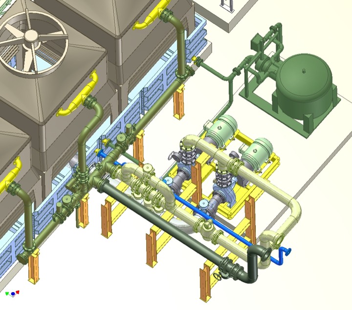 3D model of pumps, filters and pipework beside cooling towers