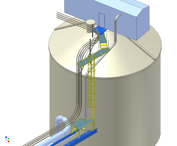3D model of access platforms, a caged ladder and pipe routing on a large tank